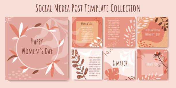 Social media post template women's day collection Social media post template 8 of march collection. International Women's Day banner design in pastel pink colors. Set of square trendy templates perfect for greeting cards, invitations, web internet advertising. Vector illustration boho background stock illustrations