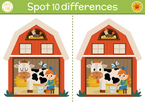 Find differences game for children. On the farm educational activity with cute barn house, girl milking cow. Farm puzzle for kids with rural farm shed. Village printable worksheet or page Find differences game for children. On the farm educational activity with cute barn house, girl milking cow. Farm puzzle for kids with rural farm shed. Village printable worksheet or page farm cartoon animal child stock illustrations