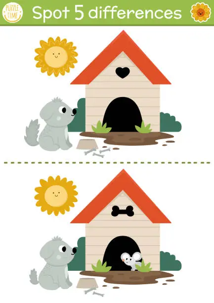 Vector illustration of Find differences game for children. On the farm educational activity with cute dog and kennel. Farm puzzle for kids with farm animal, doghouse. Village printable worksheet or page with pet
