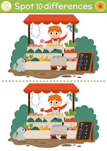 Vector illustration of Find differences game for children with boy selling fruit and vegetables on market stall. On the farm educational activity with cute vendor. Farm puzzle for kids. Printable worksheet or page