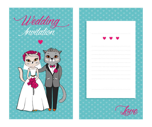 istock Funny wedding greeting cards, invitation with cats, bride and groom. Vector illustration 1371490249