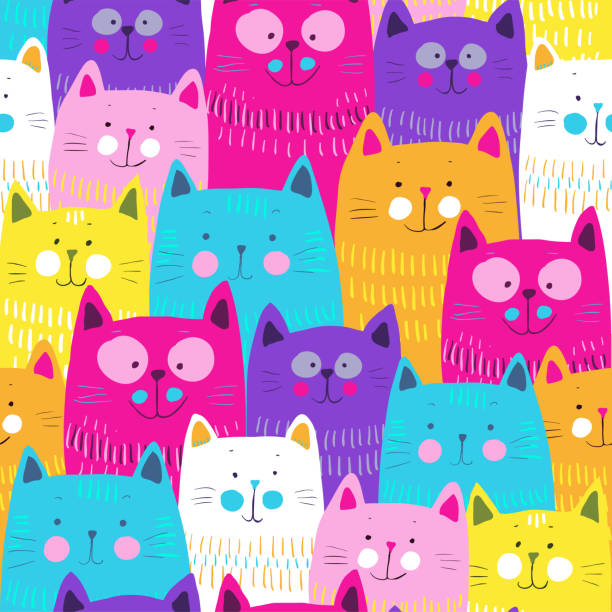 милые кошки красочный бесшовный узор фон. векторный eps 10 - blue cat stock illustrations