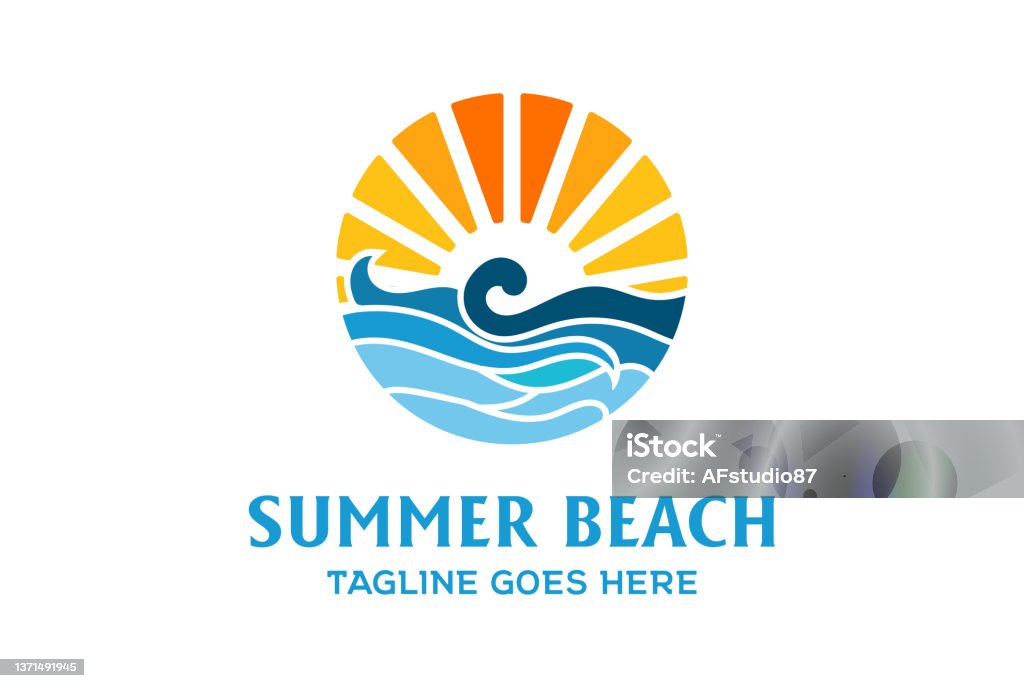 Summer Beach Coast Island Sea Ocean with Wave symbol Design Vector Sun stock vector