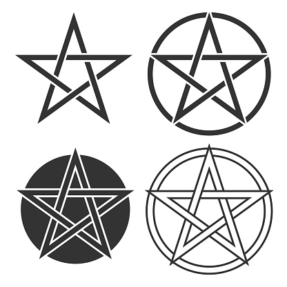 Pentagonal star graphic pentagram set. Five pointed star signs isolated on white background. Tattoo or print template. Vector illustration
