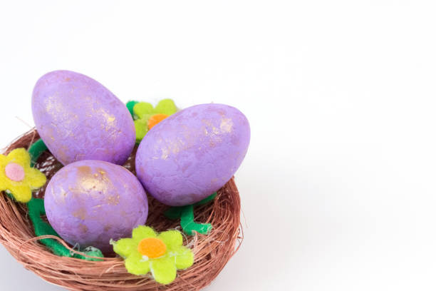 Violet painted Easter eggs in a nest on a white background.