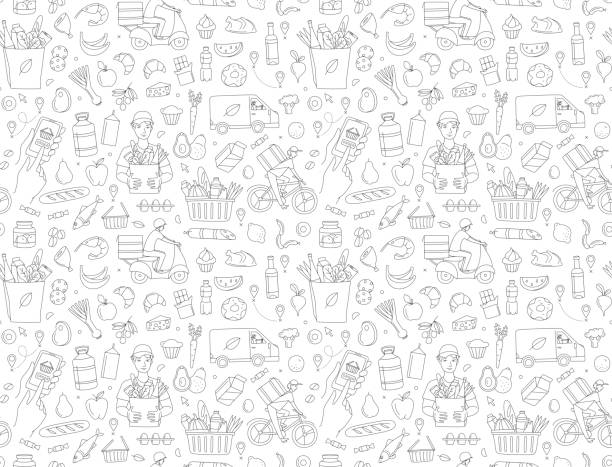 Mobile app courier delivering online grocery shop order seamless pattern. Mobile app courier delivering order online shop. Supermarket grosery store food, drinks, market seamless thin line icons background pattern. Vector illustration in linear simple style. Black and white supermarket borders stock illustrations