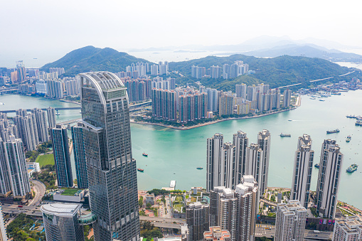 Drone view of Tsuen Wan and Tsing Yi District, Hong Kong