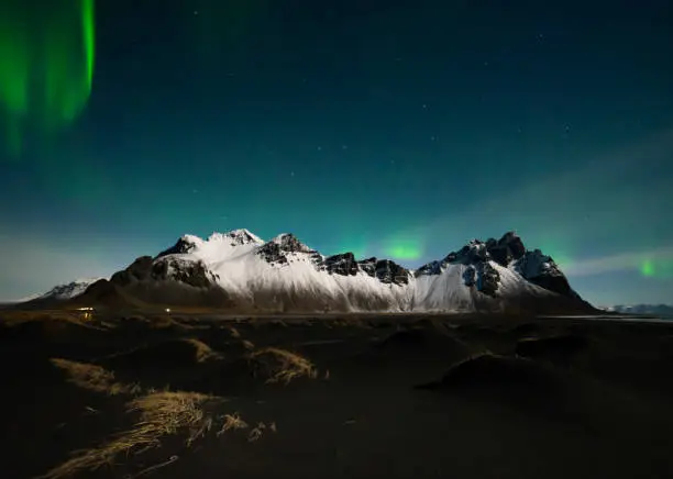 Vestrahorn in Iceland with aurora on top