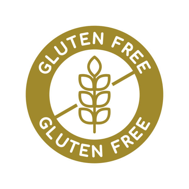 Gluten free logo. Wheat icon in a golden circle. Round label with crossed wheat sign. Seal guarantee to avoid gluten in food (wheat, barley, rye). Allergen warning. Vector illustration, flat, clip art gluten free stock illustrations