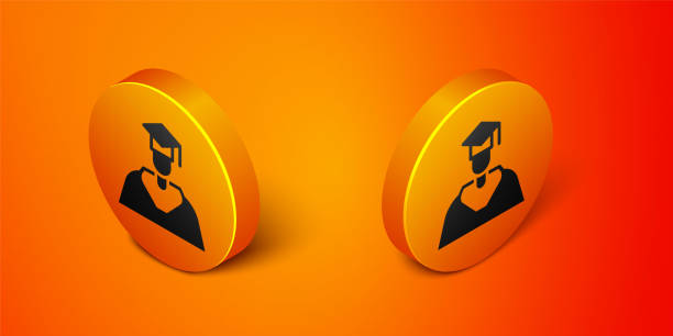 istock Isometric Graduate and graduation cap icon isolated on orange background. Orange circle button. Vector 1371507117