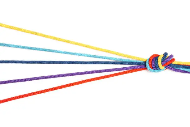 Photo of Five colored cords knotted together isolated