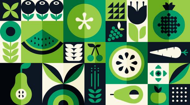 ilustraciones, imágenes clip art, dibujos animados e iconos de stock de patrón geométrico de frutas vegetales orgánicas. fondo de alimentos naturales creativo estilo bauhaus simple, diseño vectorial agrícola - frutas