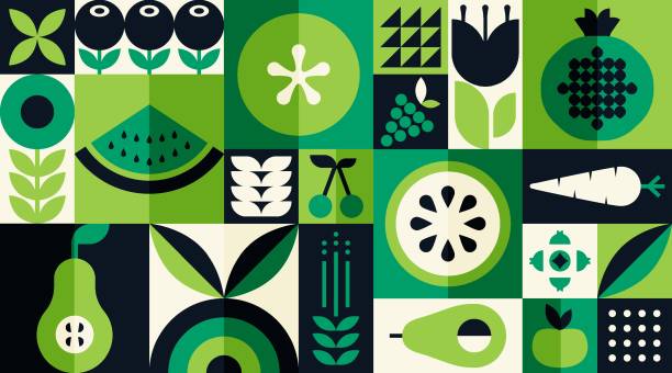 유기농 과일 야채 기하학적 패턴. 자연 식품 배경 창조적 인 간단한 바우하우스 스타일, 농업 벡터 디자인 - backgrounds green leaf abstract stock illustrations