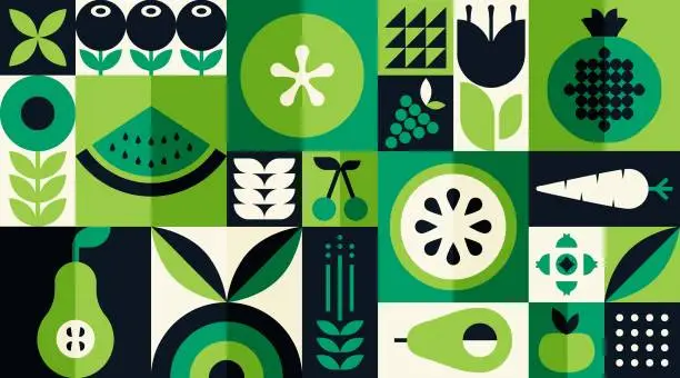 Vector illustration of Organic fruit vegetable geometric pattern. Natural food background creative simple bauhaus style, agriculture vector design