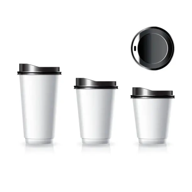 Vector illustration of Blank white paper-plastic coffee-tea cup with top view black lid in large-medium-small size mockup template.