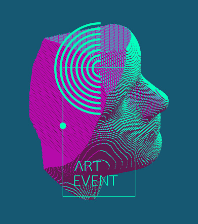 Mannequin's head in profile. Side view. Plaster face or sculpture. Futuristic technology concept. Technology and robotics concept. Voxel art. 3D vector illustration.