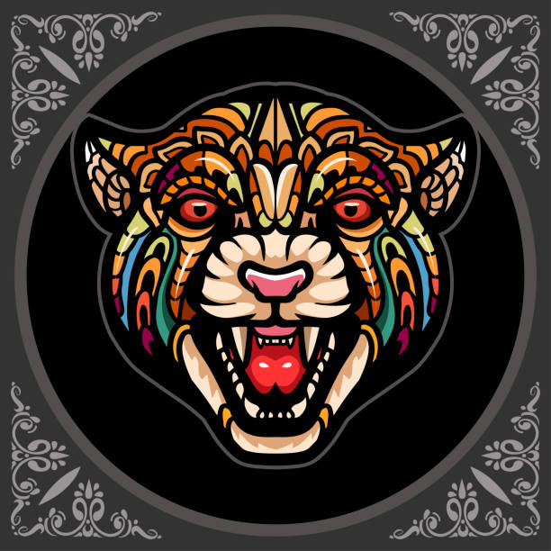 Colorful cheetah head arts, isolated on black background Colorful cheetah head arts, isolated on black background aztec-jaguar stock illustrations
