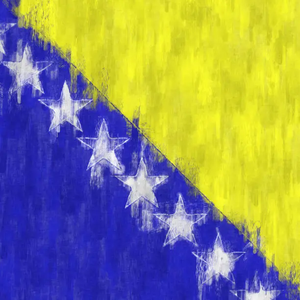 Bosnia and Herzegovina oil painting. Bosnia and Herzegovina emblem drawing canvas. A painted picture of a country's flag.