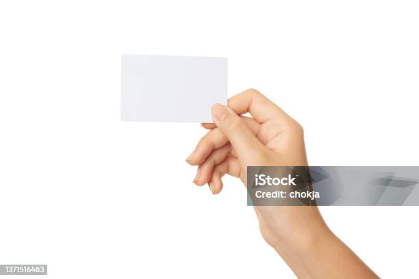 Business Woman Hand Holding Business Card Isolated On White Background With Clipping Path Stock Photo - Download Image Now