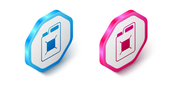 istock Isometric Canister for gasoline icon isolated on white background. Diesel gas icon. Hexagon button. Vector 1371516492