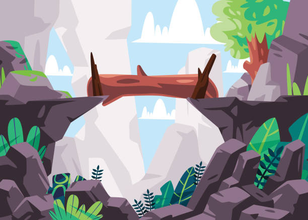 2つの崖の風景の自然のイラストの間のログ落下橋は、グラフィックツリージャングル山を描きます - river crossing点のイラスト��素材／クリップアート素材／マンガ素材／アイコン素材