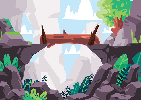log fall bridges between two cliff scenery nature illustration drawing graphic vector tree jungle mountain