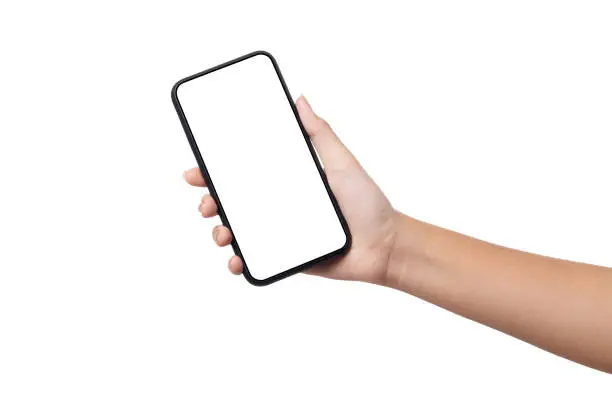 Photo of Hand woman holding smartphone with blank screen isolated on white background with clipping path
