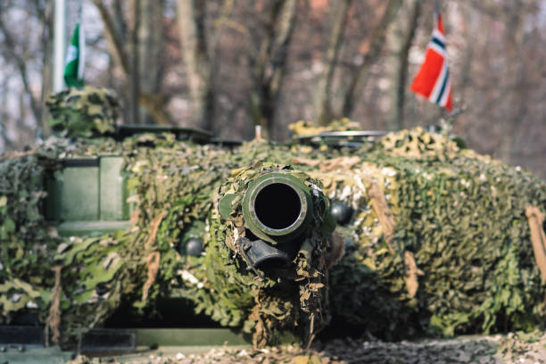 panzer der norwegischen armee mit kanone und tarnbeschichtung - drillship stock-fotos und bilder