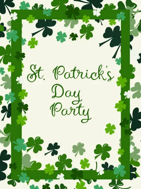 Vector illustration of St. Patrick's Day party poster. Clover leaves on green background for greeting holiday design, invitation template. Vector illustration.