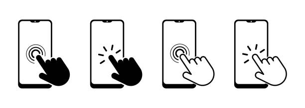 Smartphone icon with hand touch screen. Click here icon. Vector illustration Smartphone icon with hand touch screen. Click here icon. Vector illustration tapping stock illustrations
