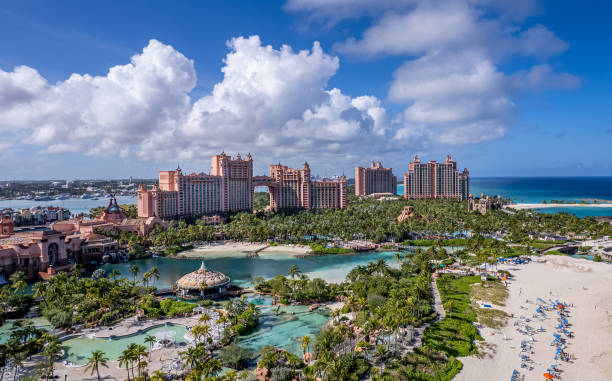 The drone aerial view of Atlantis hotel at Paradise Island, Nassau. Nassau, Bahamas- December 16,2021: The drone aerial view of Atlantis hotel at Paradise Island, Nassau, Bahamas. paradise island bahamas stock pictures, royalty-free photos & images