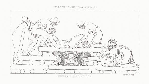 헥터 (일리아드)의 장례식, 강철 조각, 출판 1833 - roman mythology warrior hector stock illustrations