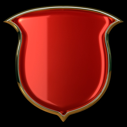 Red glossy shield with golden border isolated on black