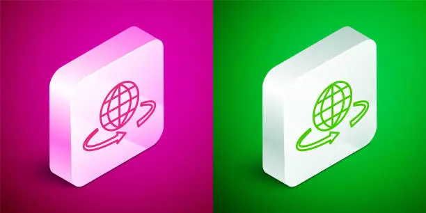 Vector illustration of Isometric line 3d modeling icon isolated on pink and green background. Augmented reality or virtual reality. Silver square button. Vector