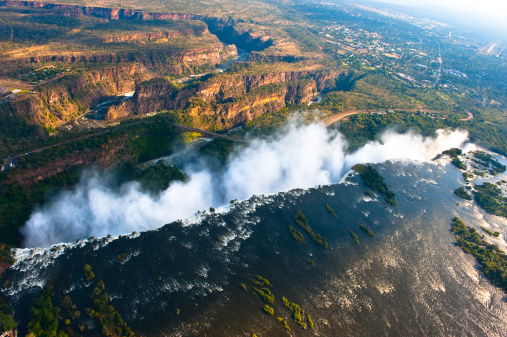 Victoria Falls at full flood stage photographed from a helicopter.