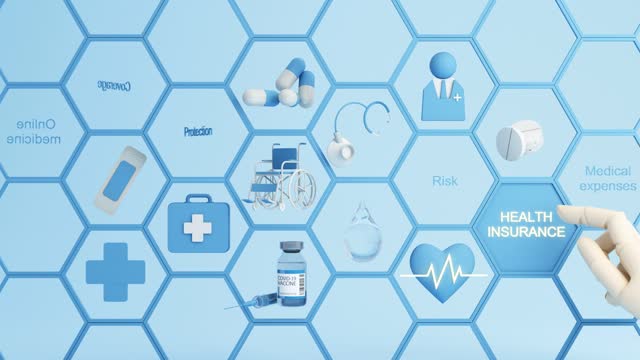 Health insurance concept with words coverage, protection, risk, and security online medicine on a virtual screen and a cartoon wood hand touch a button, isolated  blue background 3d render animation