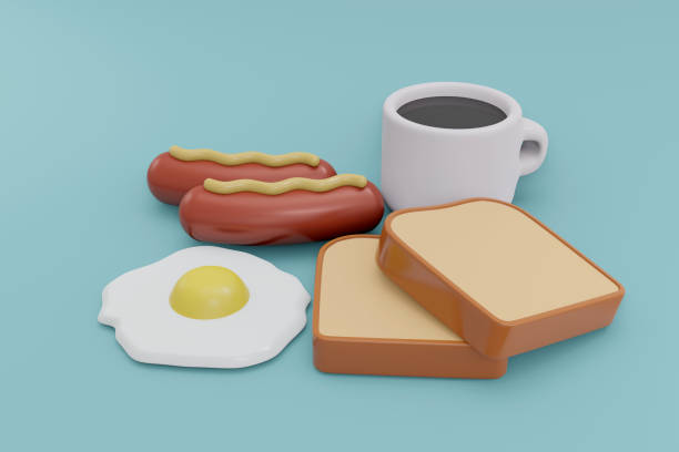3D Rendering of American breakfast set includes hot coffee fried egg sausage and toast bread on background. 3D Render illustration.