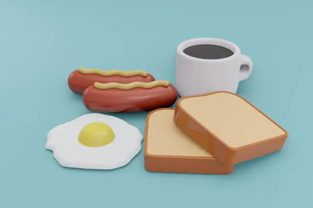 3D Rendering of American breakfast set includes hot coffee fried egg sausage and toast bread on background. 3D Render illustration.