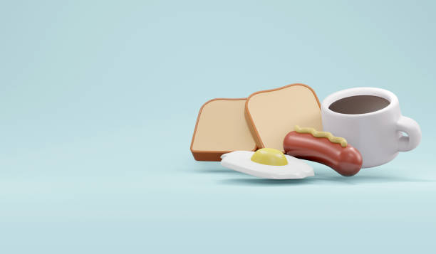 istock 3D Rendering of American breakfast set includes hot coffee fried egg sausage and toast bread on background. 3D Render illustration. 1371532520