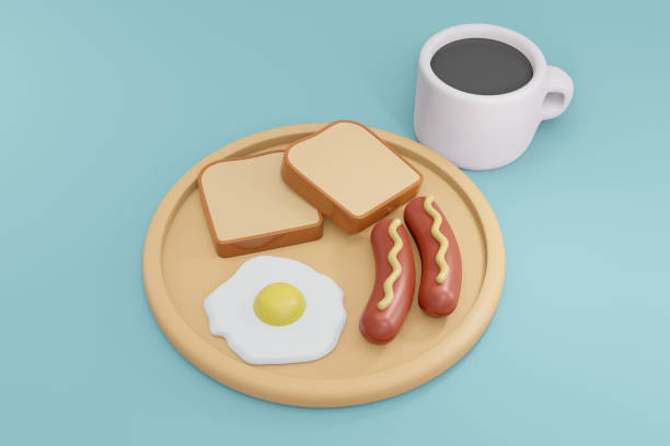 istock 3D Rendering of American breakfast set includes hot coffee fried egg sausage and toast bread on background. 3D Render illustration. 1371532527