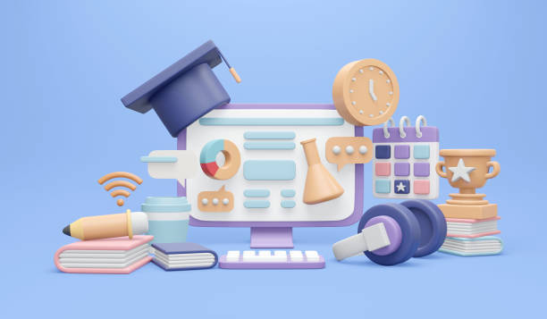 istock 3D Rendering of computer with learning icons computer graduation hat headphone books pencil on background concept of online study. 3D render illustration cartoon style. 1371536542