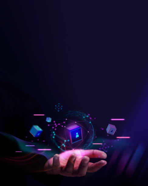Blockchain Technology Concepts. Hand Levitating a Digital and Futuristic Graphic to Connecting People and Global Business. Vertical Image stock photo