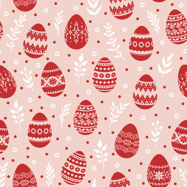 ilustrações de stock, clip art, desenhos animados e ícones de easter pattern seamless with eggs and decorative floral element - easter eggs red
