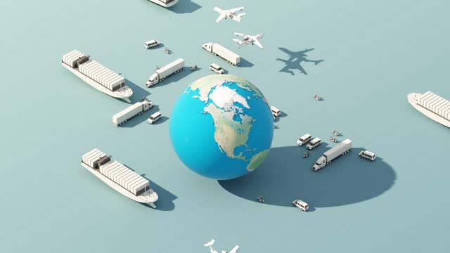 The earth world map by International and Domestic Shipping With scooters, vans, trailers, trucks, large cargo ships and planes. with sphere globe earth on blue sea 3D render isometric animation looped