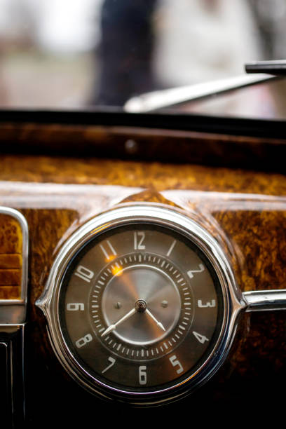 istock Vintage car brown marble dashboard with retro gauges. 1371539509