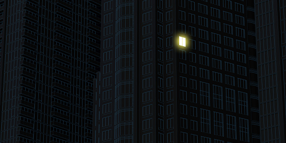 dark background with skyscraper facades in lineart style with one luminous window. 3d rendering