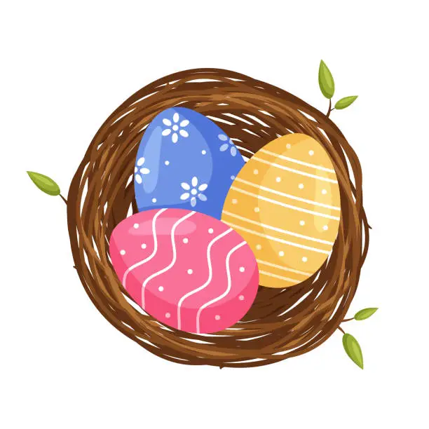 Vector illustration of Easter colorful decorated eggs in the bird nest. View from above. Vector illustration in flat cartoon style.
