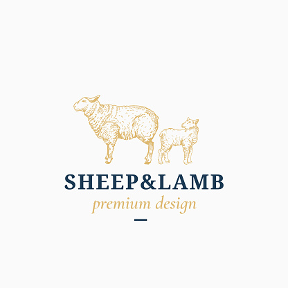 Sheep and Lamb Abstract Vector Sign, Symbol, Label Template. Hand Drawn Sheep and Little Lamb Sillhouettes with Classy Retro Typography. Vintage Vector Emblem. Isolated