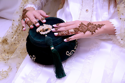 Mehndi tattoo. Woman Hands with black henna tattoos. moroccan national traditions.