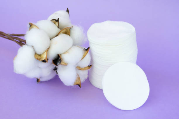 group of hypoallerginic round soft pads made of cotton for face and makeup removing. purple backfround with opened cotton flowers - backfround imagens e fotografias de stock